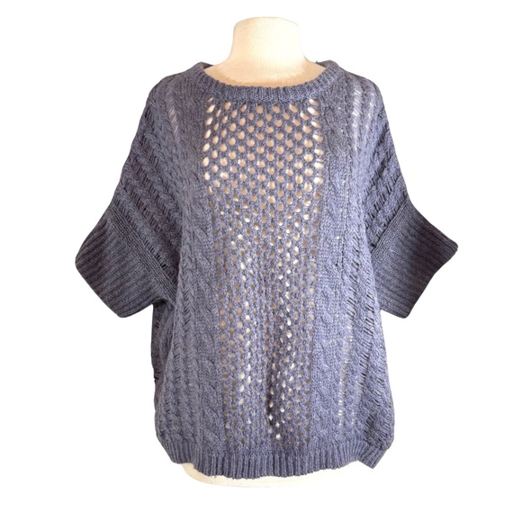 BCBGMAXAZRIA Sz L Oversized Sweater Short Kimono Sleeve Purple Gray Open Knit - Picture 1 of 10
